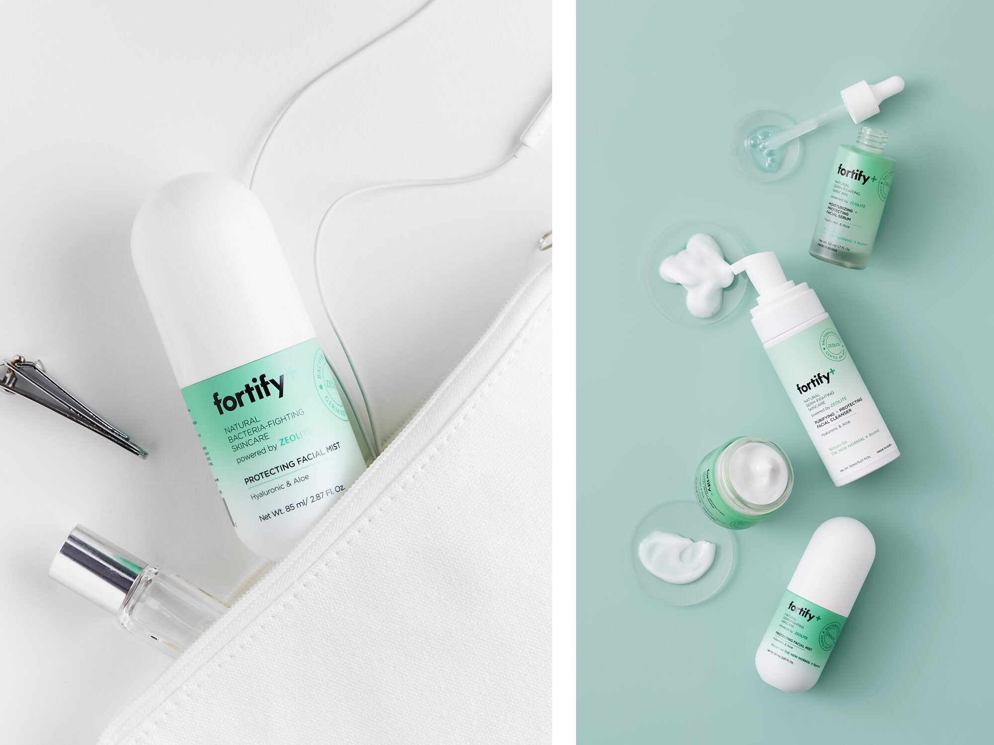 Fortify facial mist in a travel bag, and the launch line of mist, cleanser, serum and cream